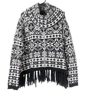 Jessica Simpson Sweater Womens M Black White Cowl Neck Fringe Fair Isle Nordic